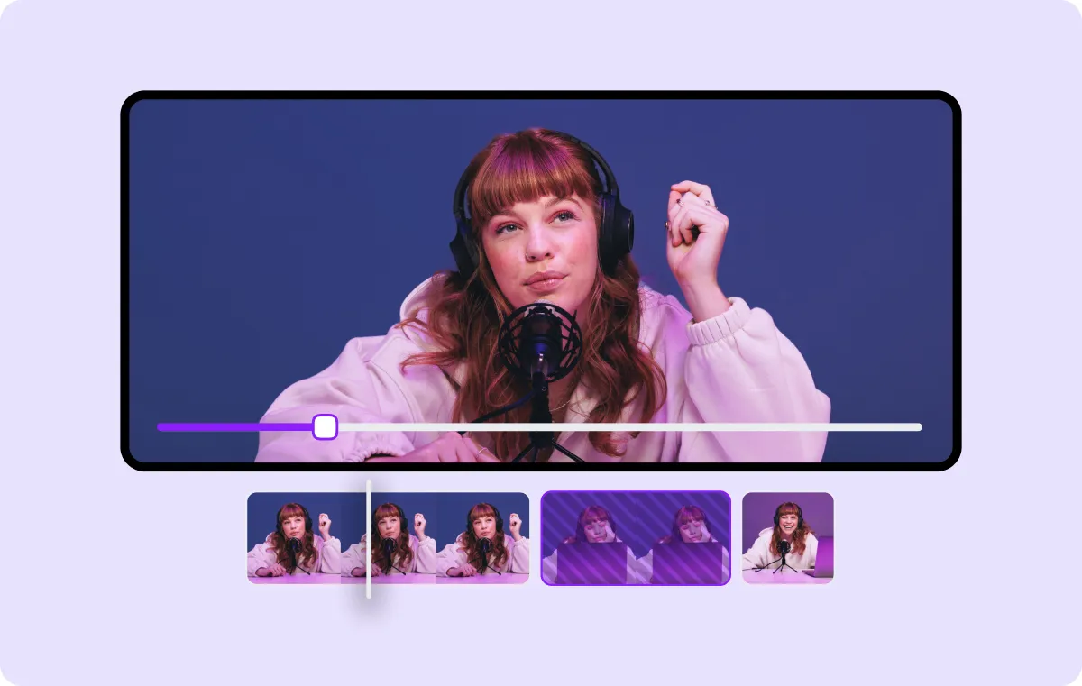 An image of a video in Captions’ editing interface showing a woman with headphones and a microphone. Overlaid is a scrub bar and video timeline.