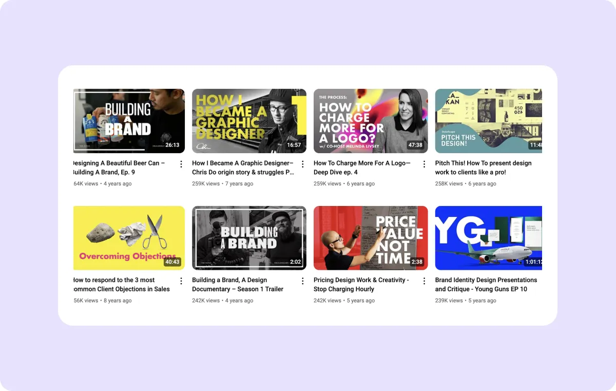 Various examples of video thumbnails and the YouTube logo in the middle.