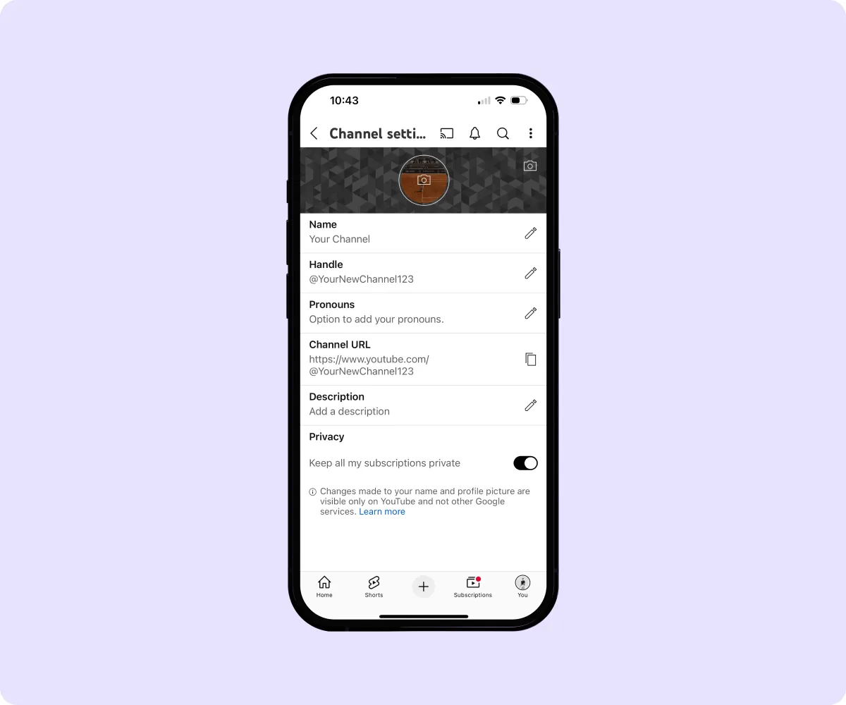 A screenshot of a YouTube channel profile settings on a mobile device.