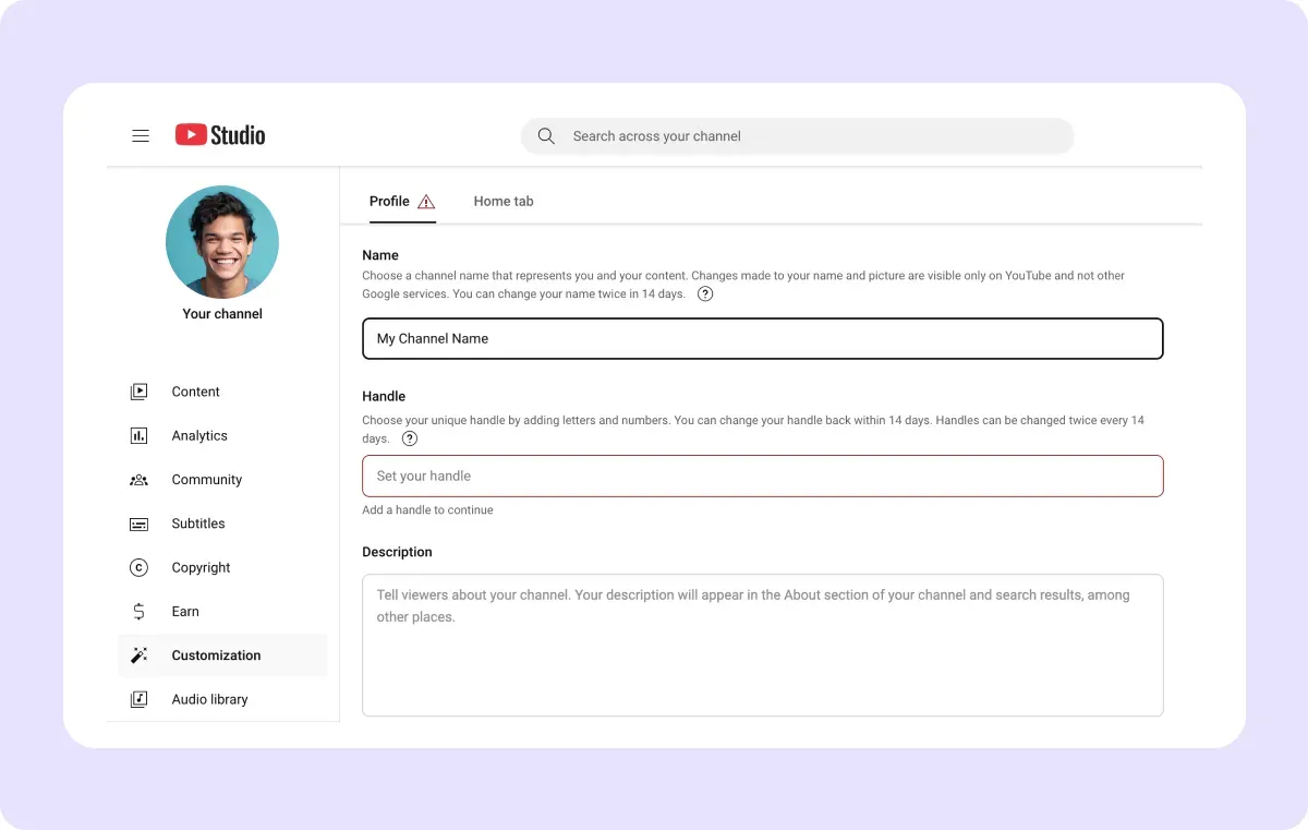 A screenshot of a YouTube channel’s profile settings.