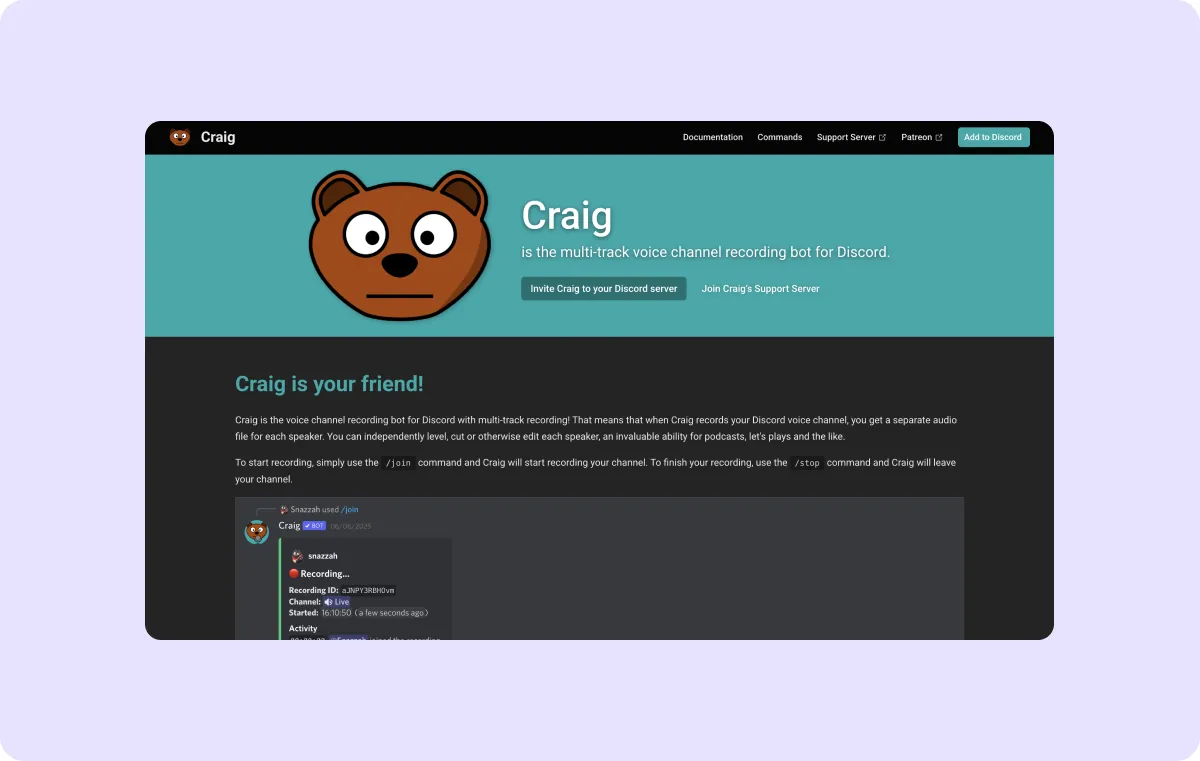 A screenshot of Craig’s Discord website.