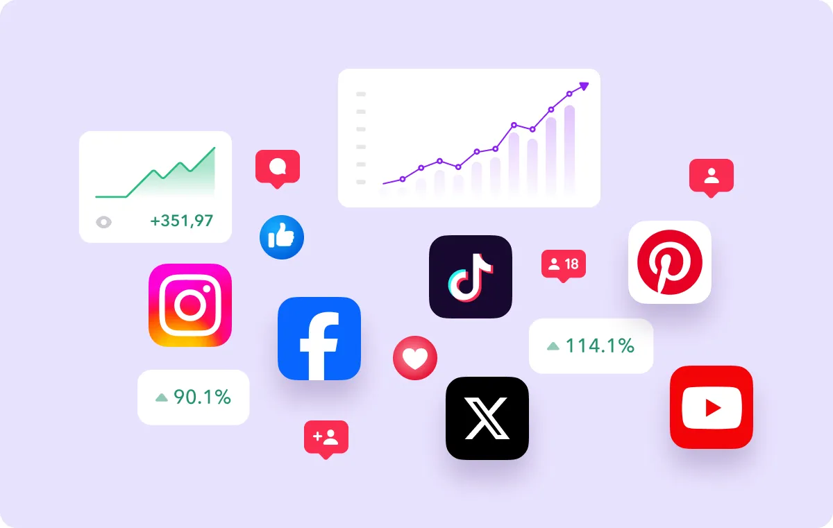 A graphic featuring various social media logos alongside metrics icons like views and comments.