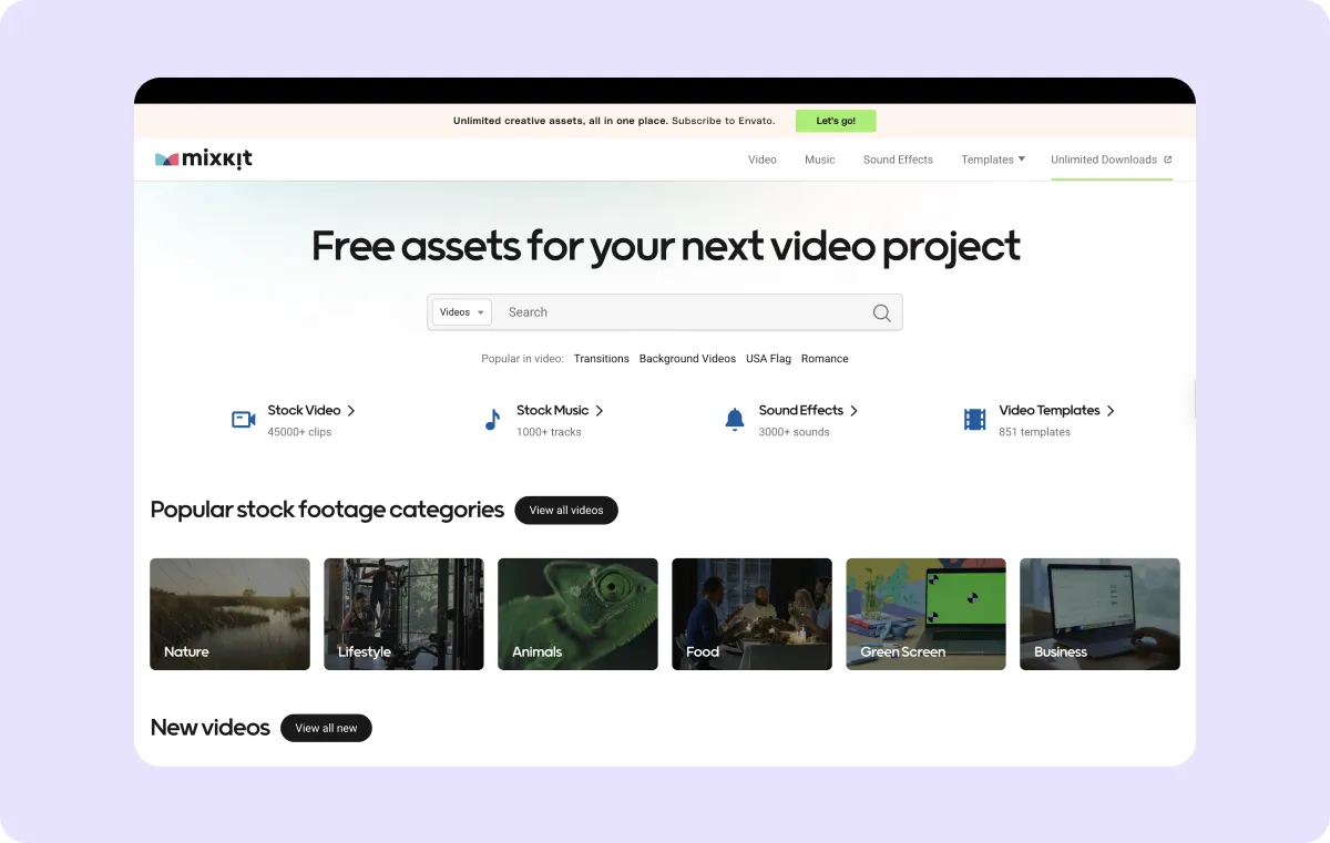A screenshot of the Mixkit landing page.