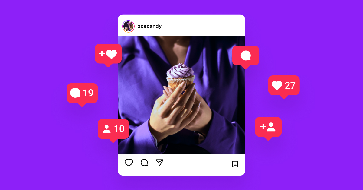 An Instagram post surrounded by like, comment, and follow notifications.
