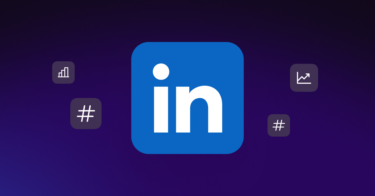 LinkedIn’s logo surrounded by various social media icons, highlighting the hashtag, overlaying a plain color background.