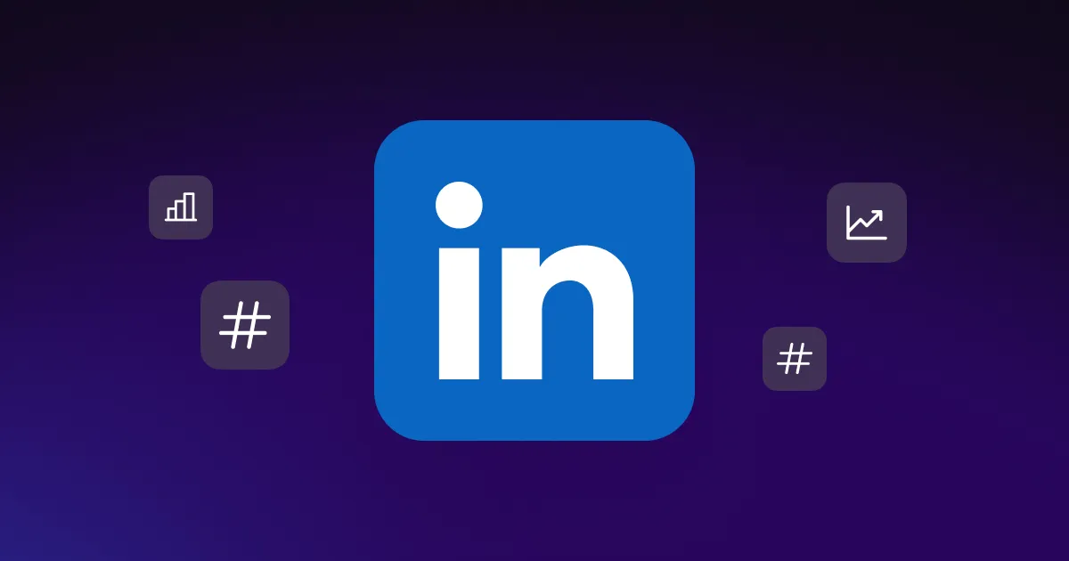 Logotipo do LinkedIn cercado por vários ícones de mídia social, destacando a hashtag, sobrepondo um fundo de cor lisa.