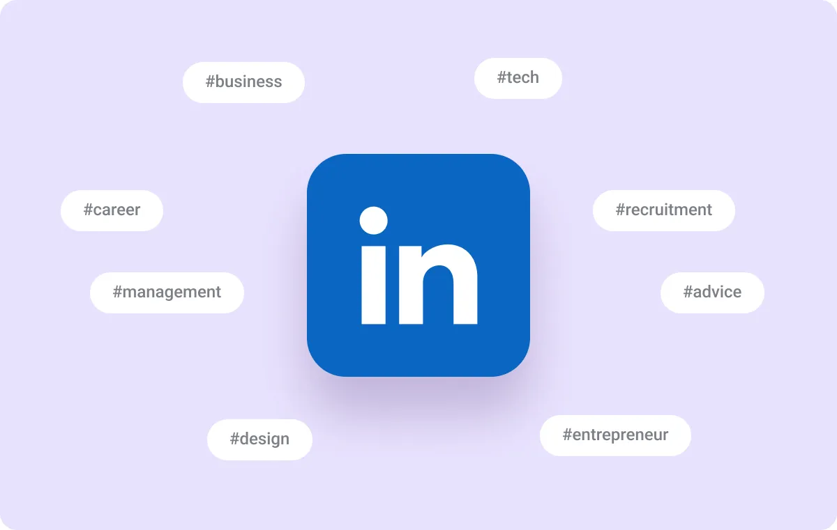 An image featuring various hashtags and the linked logo.
