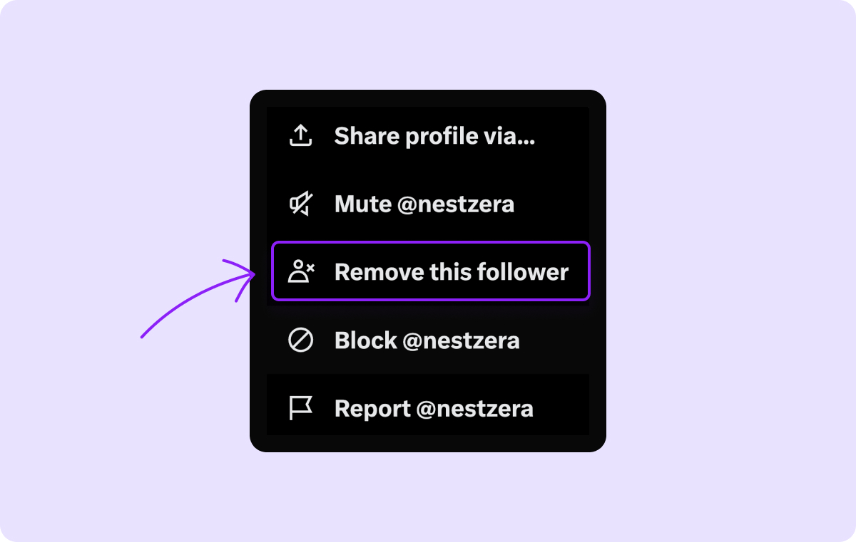 Screenshot of the X (formerly Twitter) menu highlighting the “Remove this follower” option.