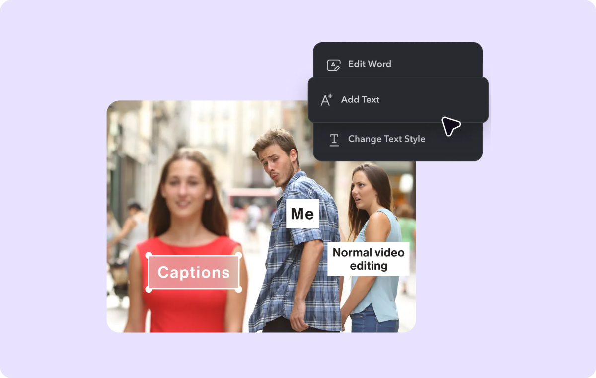 A cursor highlighting the “Add Text” editing option over a meme.