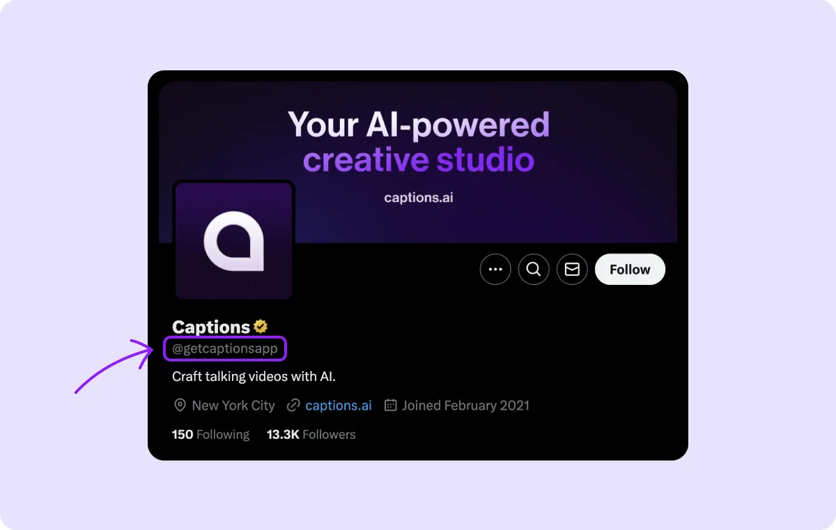A screenshot of a social media profile with an arrow pointing to the handle.