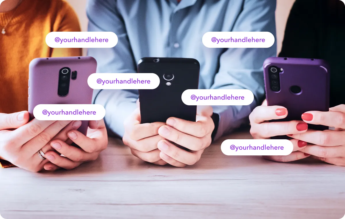 Various hands holding phones overlaid by various text boxes with handle names.