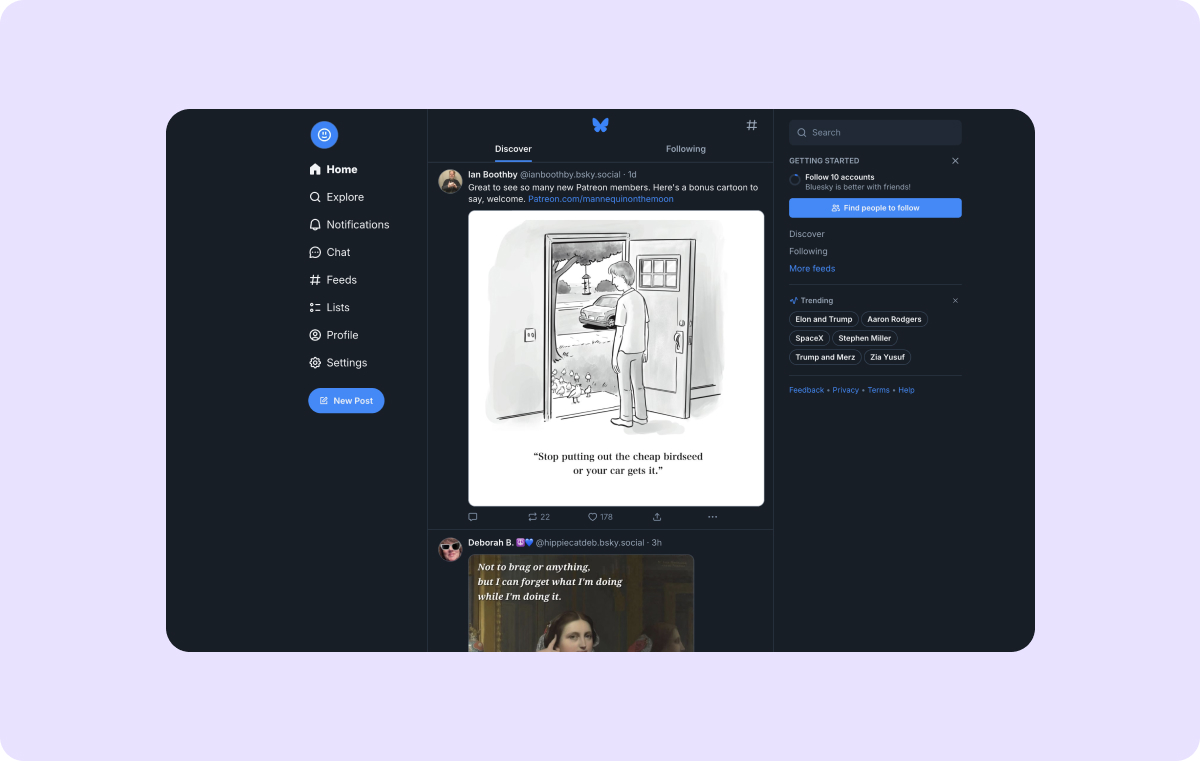 A screenshot of Bluesky's social media feed.