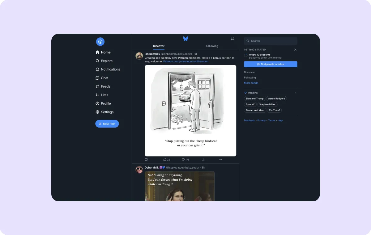 A screenshot of Bluesky's social media feed.