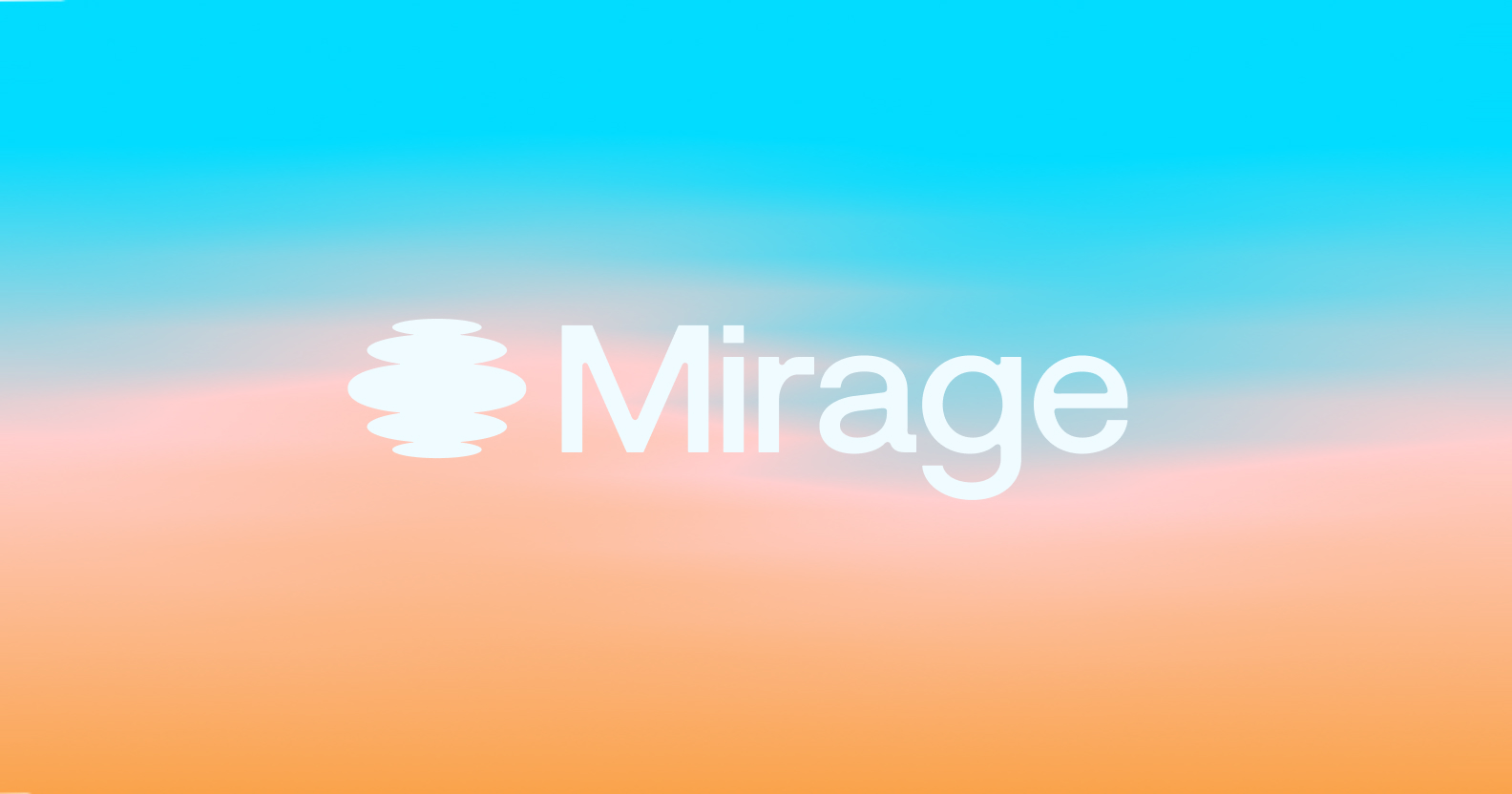 Mirage logo in white on a gradient background of bright blue fading into soft peach and orange.