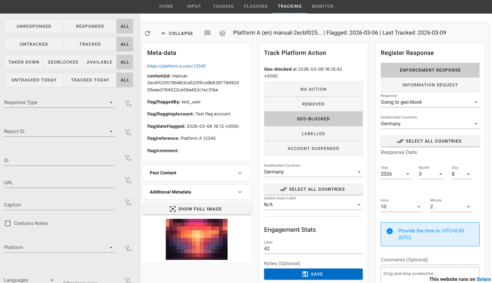 CASM works with ISD and other partners in support of EU regulators to operationalise and automate the full pipeline of: discovering violative content, tagging it with a schema of violation type, then performing and monitoring disruption efforts.