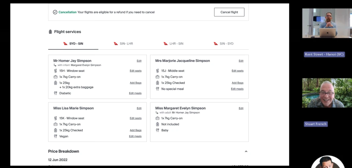 My Escapes detailed per-traveller flight services view