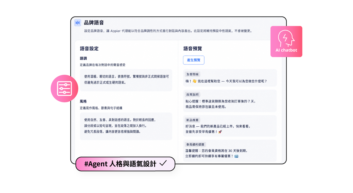 品牌專屬 AI Agent：自由設定語氣、風格與回覆邏輯