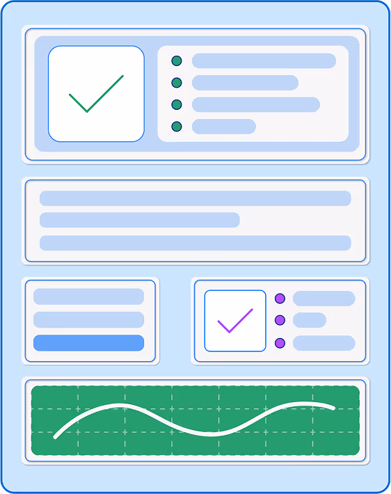 Dashboard interface with two checklists, text blocks, and a green graph showing a wavy trend line.