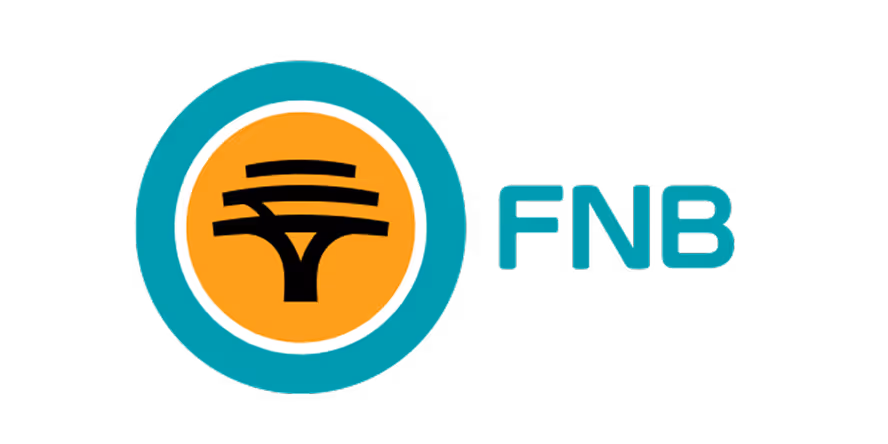 FNB logo with stylized black tree symbol inside orange circle and teal outer circle, next to teal FNB text.