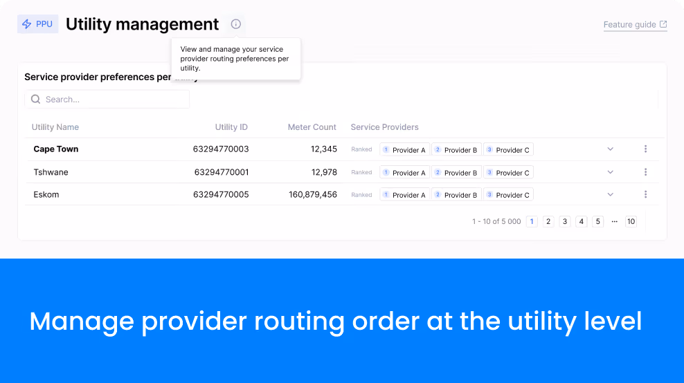 Utility management interface showing service provider preferences for Cape Town, Tshwane, and Eskom utilities.