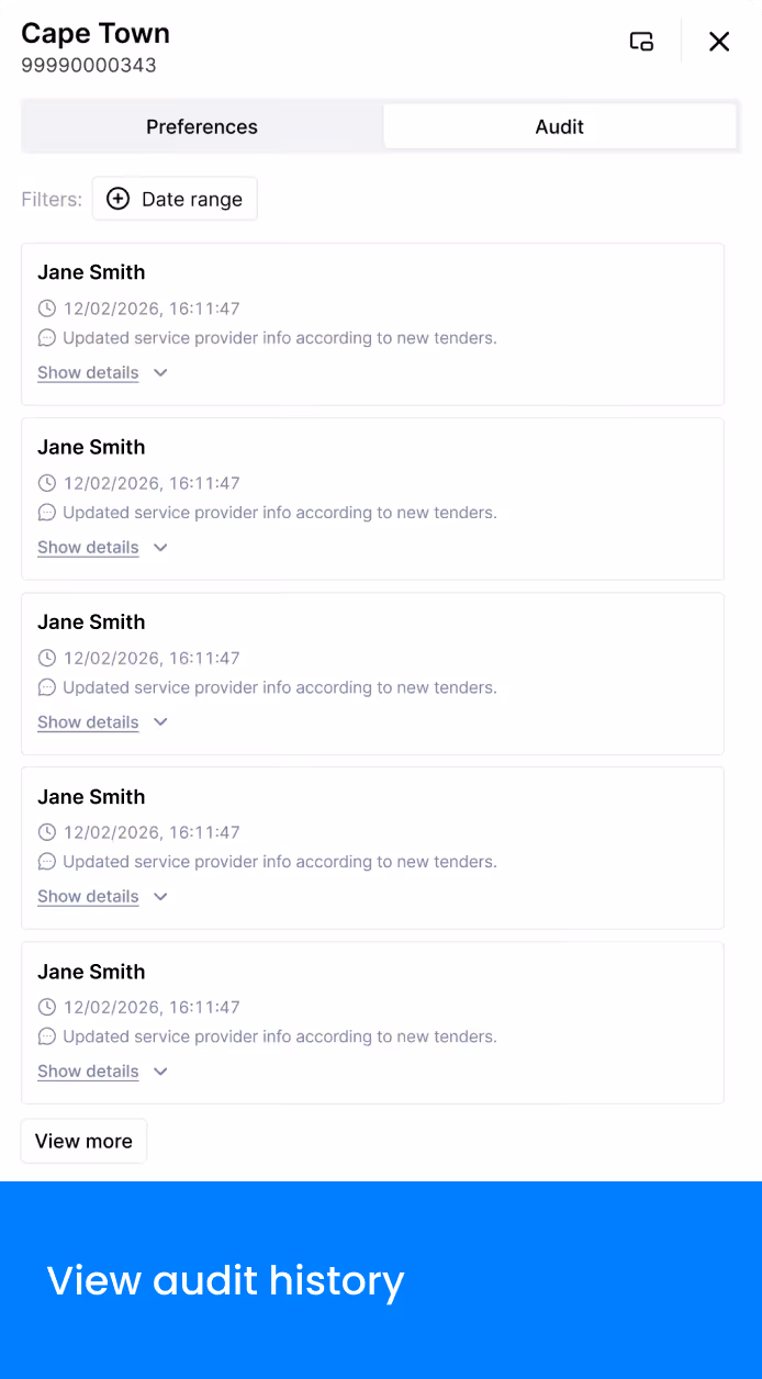 Audit log for Cape Town listing five identical entries by Jane Smith updating service provider info on 12/02/2026.