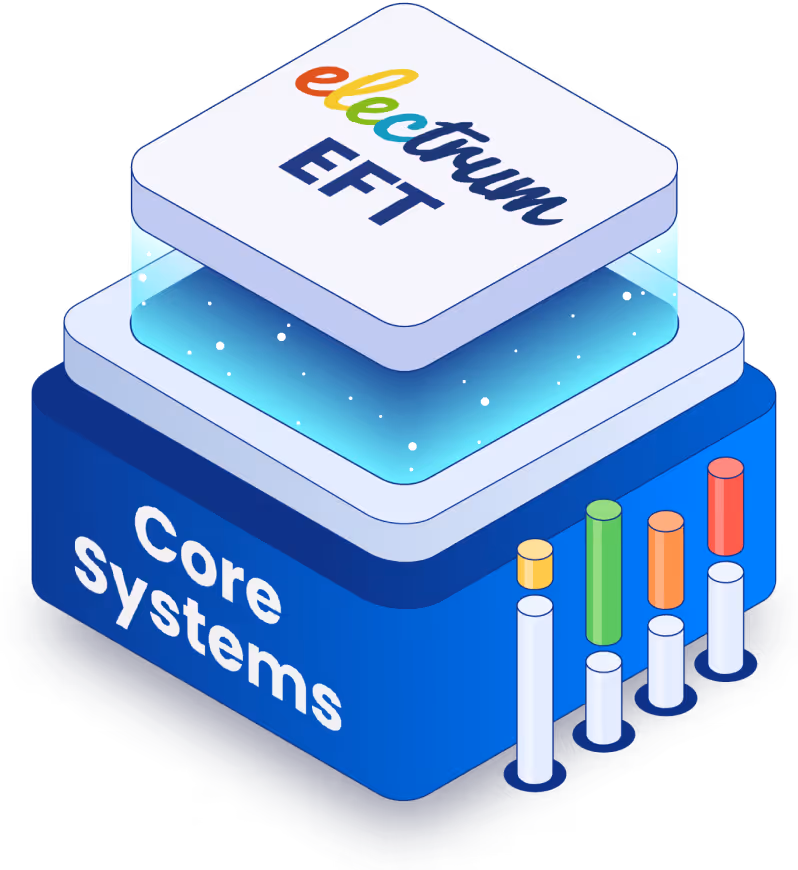 3D stacked blocks labeled Electrum EFT core systems with colorful vertical bars on the side.