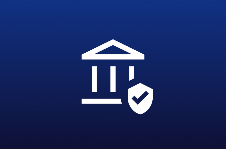 White bank building icon with a shield and check mark on a dark blue background