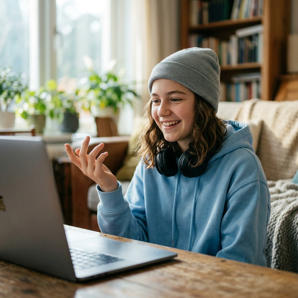 A CambriLearn student connecting with peers online from home