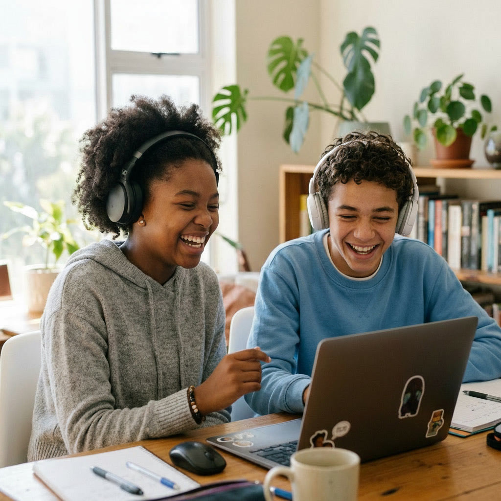 Two CambriLearn students laughing during a live online session