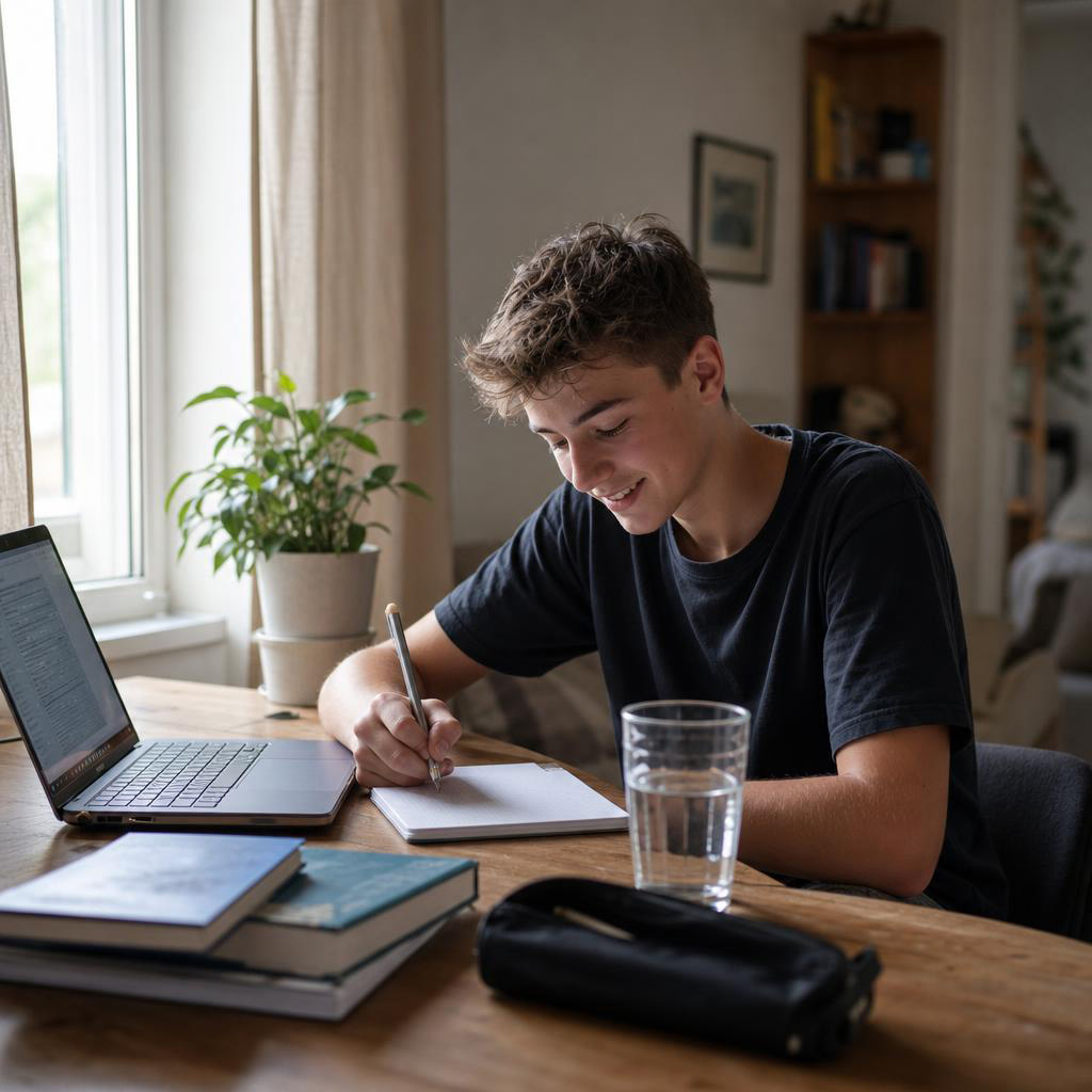 A secondary school student studying International GCSE and A Level subjects online at home