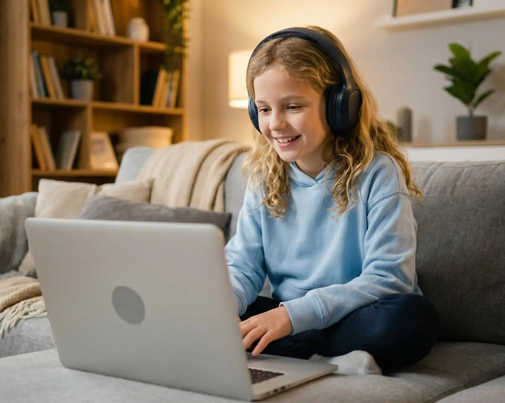 A learner wearing headphones takes part in a live online lesson at home.
