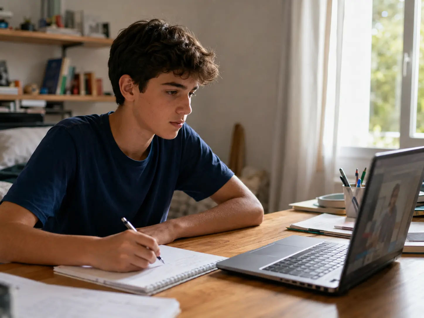 A secondary school learner taking part in an online lesson at home