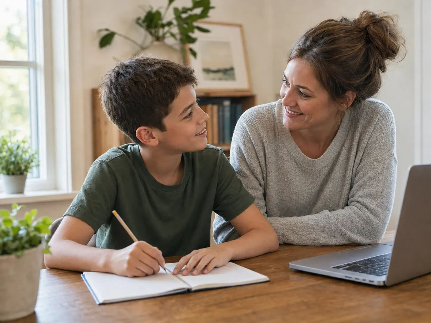 A parent supporting her son while he studies at home
