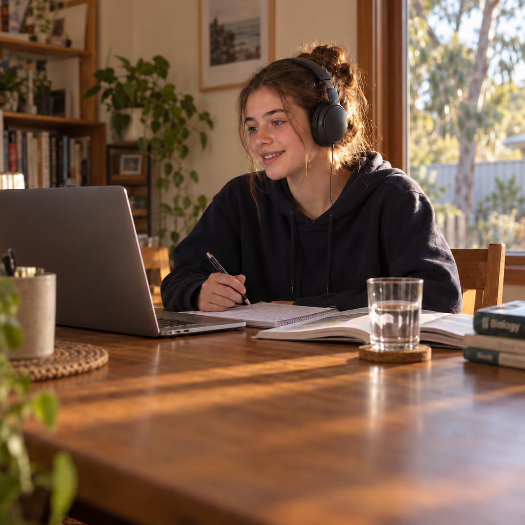 A CambriLearn student in Australia working through a live lesson at home