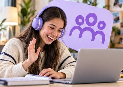 Illustrative scene of a teenager wearing lilac headphones and joining an online group session from home.