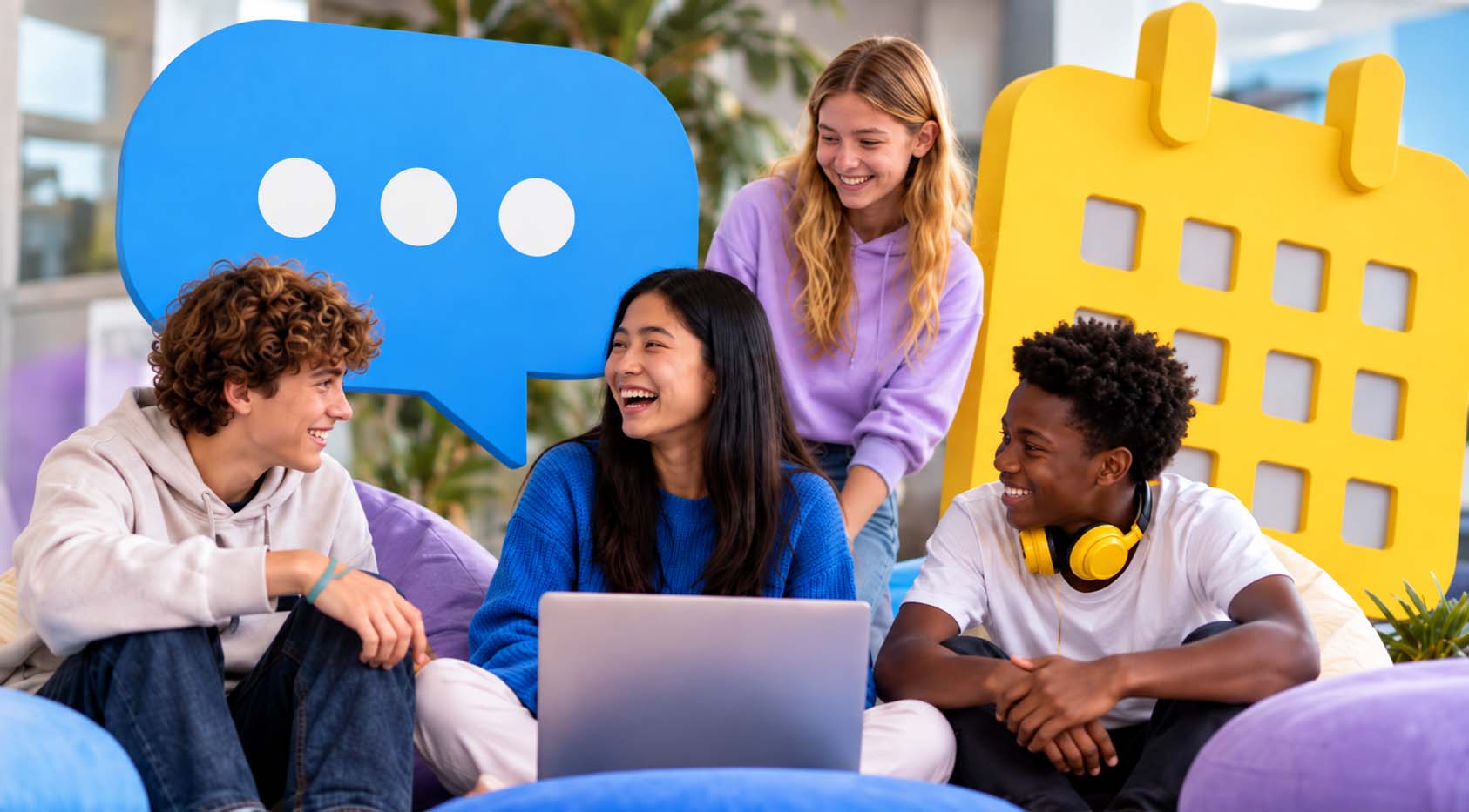Illustrative scene of teenagers chatting around a laptop beside oversized blue and yellow community props.