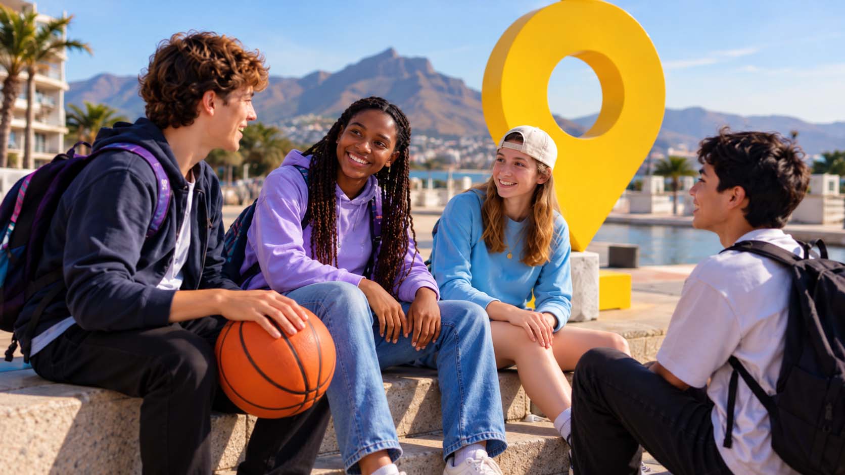 Illustrative scene of teenagers chatting outdoors with a basketball beside an oversized yellow location pin.