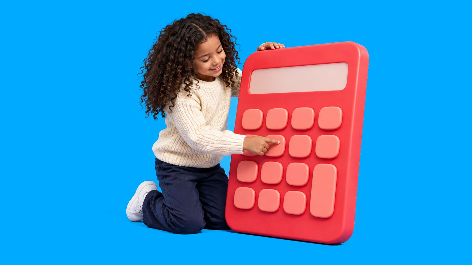 A girl pressing a button on a giant calculator