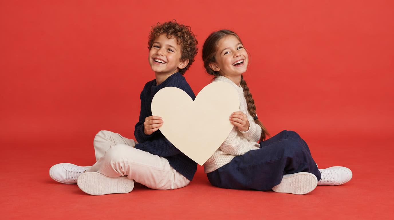 Two children sitting back to back, holding a giant paper heart