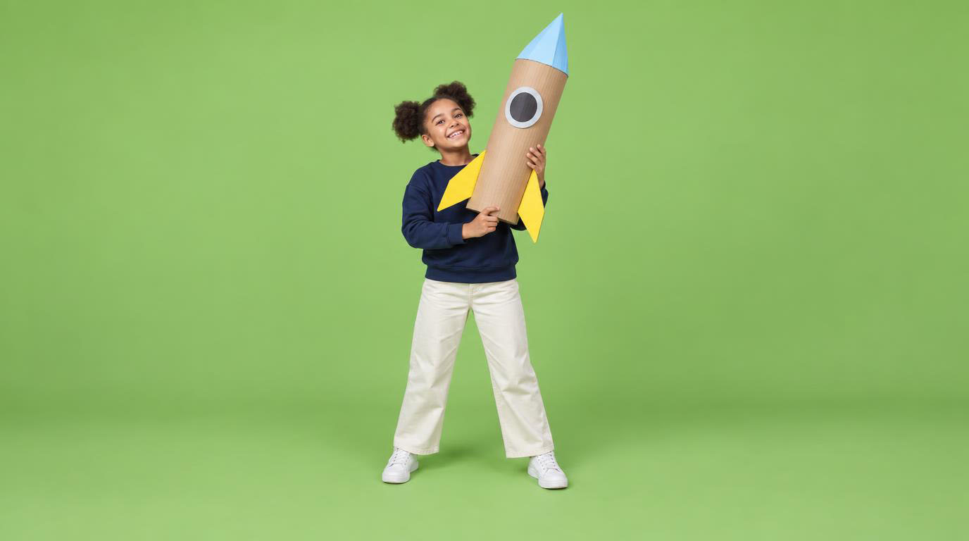 A girl holding up a giant cardboard rocket