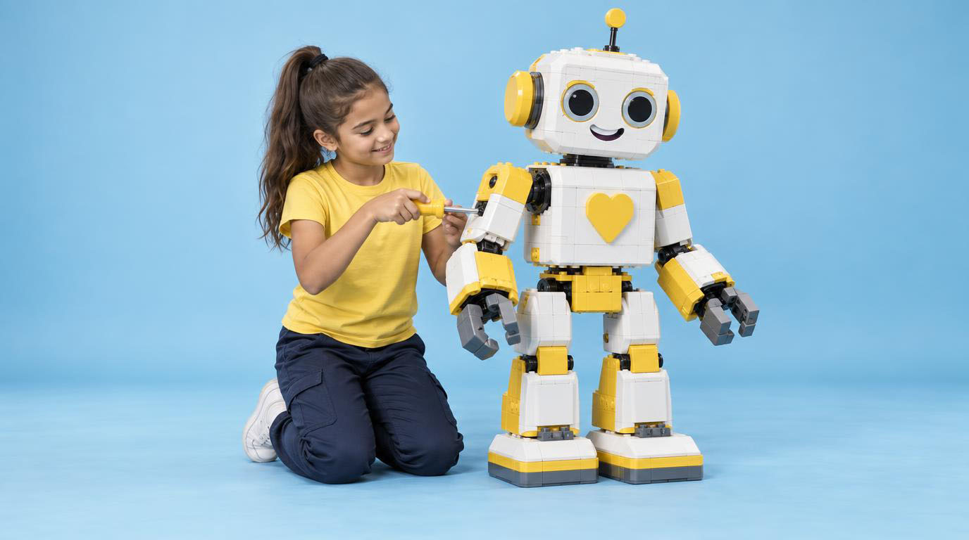 A girl adjusting the arm of a giant toy robot
