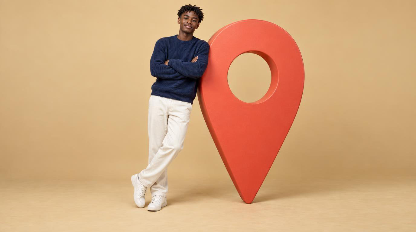 A teenager leaning on a giant map pin