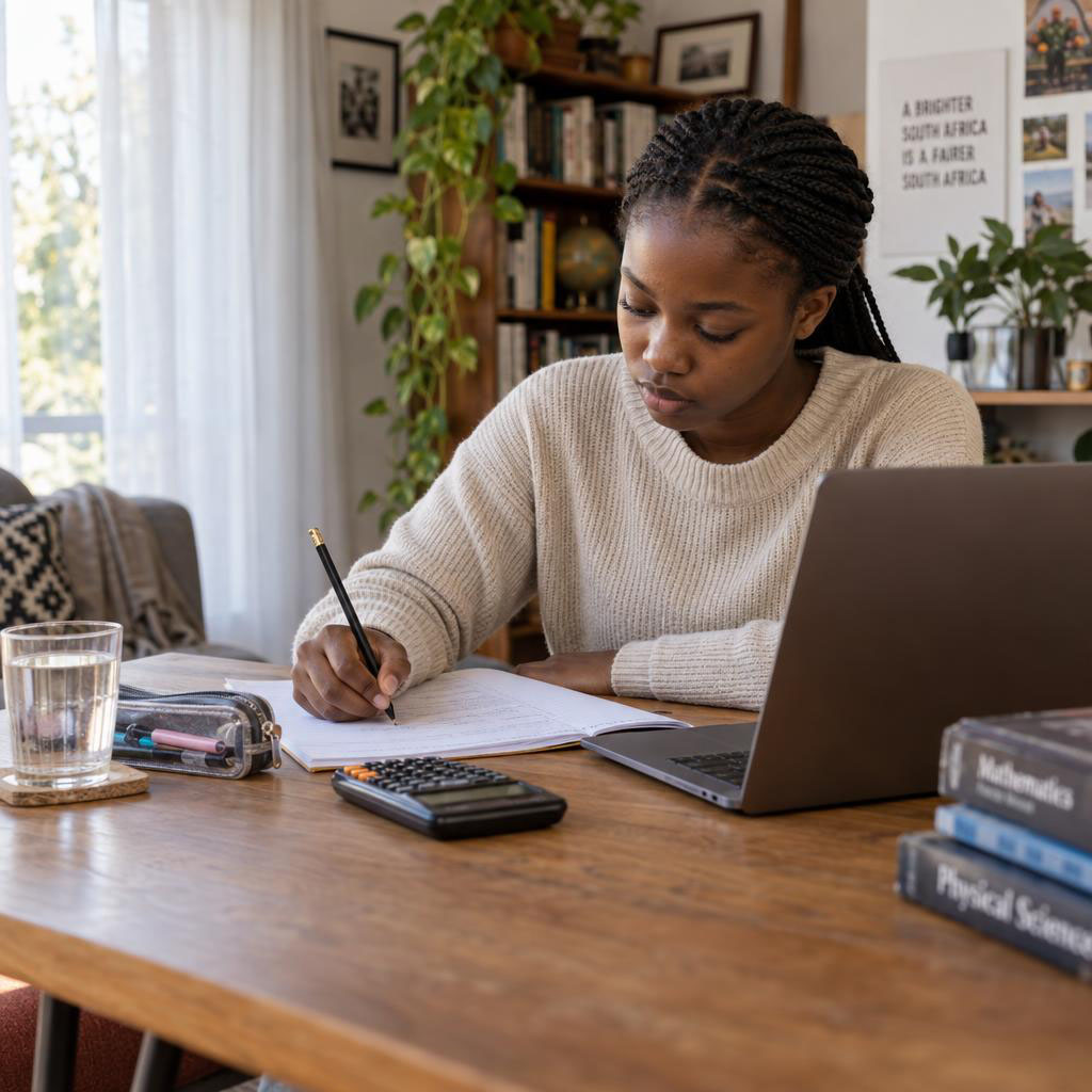 Student writing a proctored exam at home with her laptop webcam on