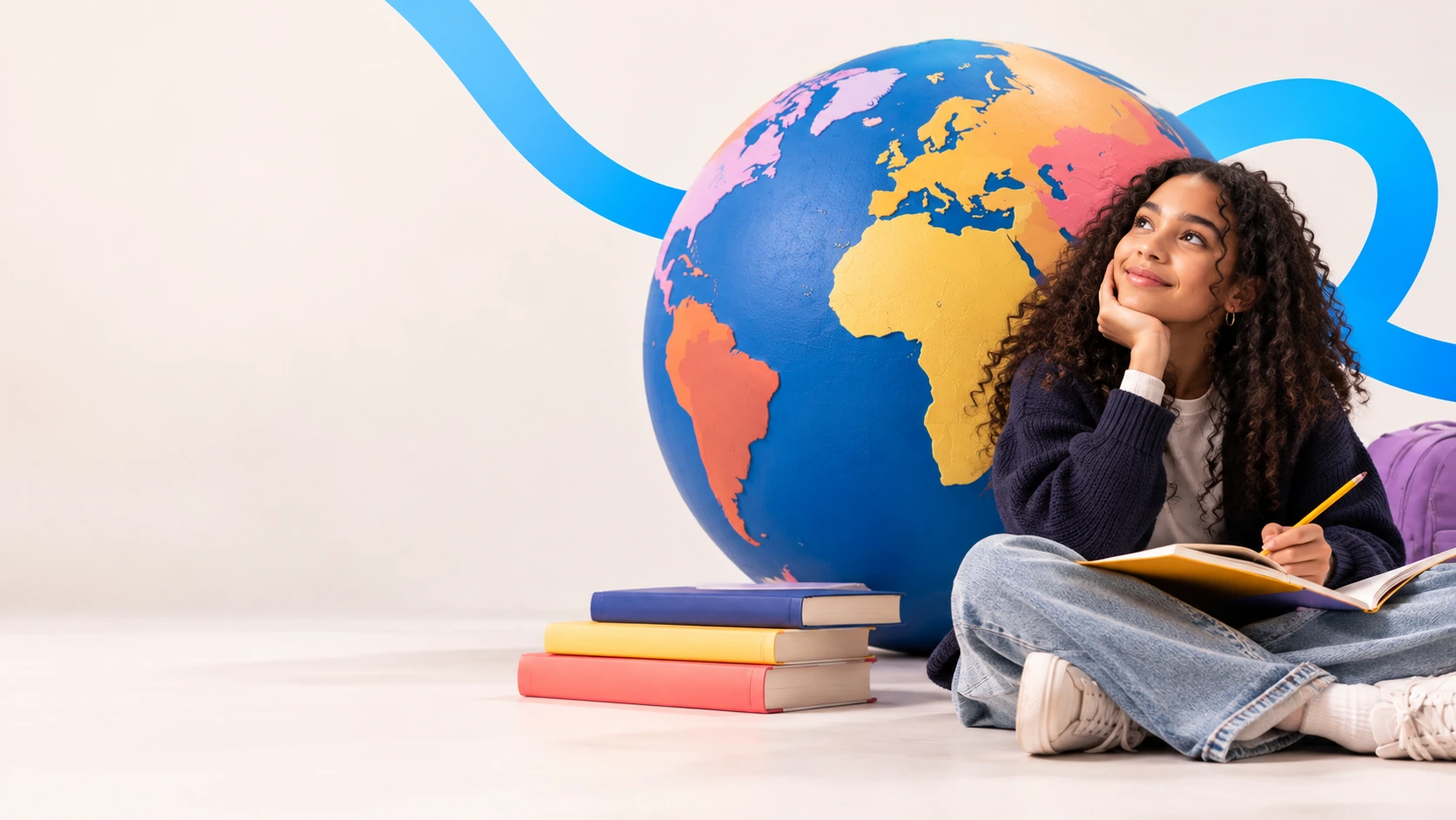 Learner with an open notebook beside an oversized globe