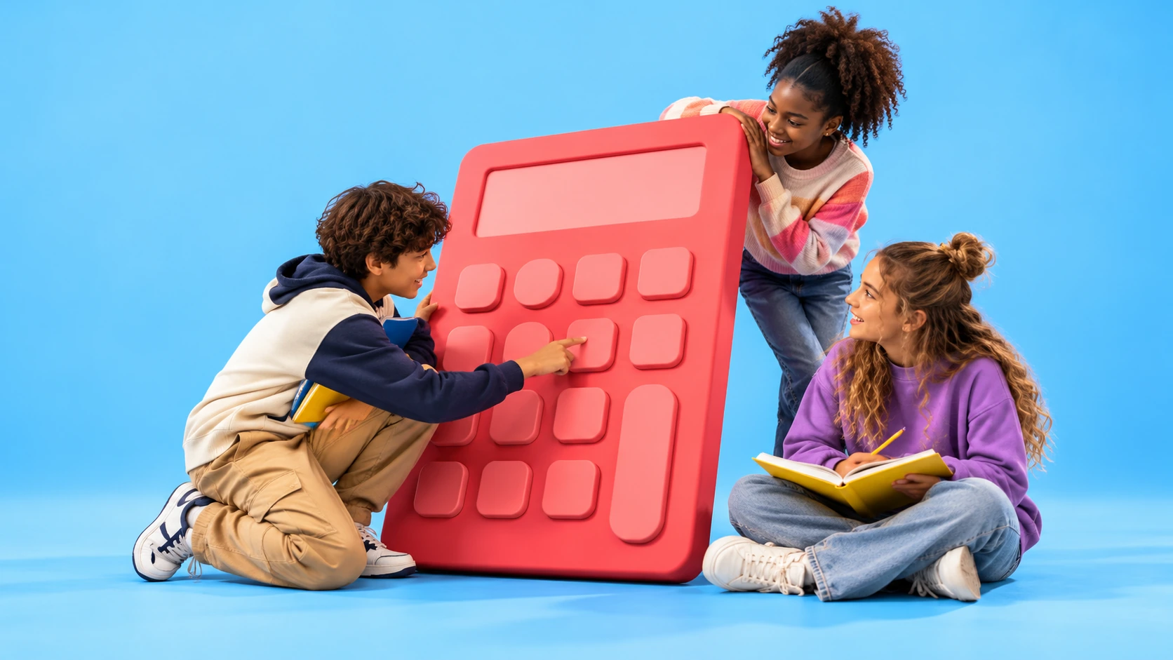 Three learners exploring an oversized coral calculator