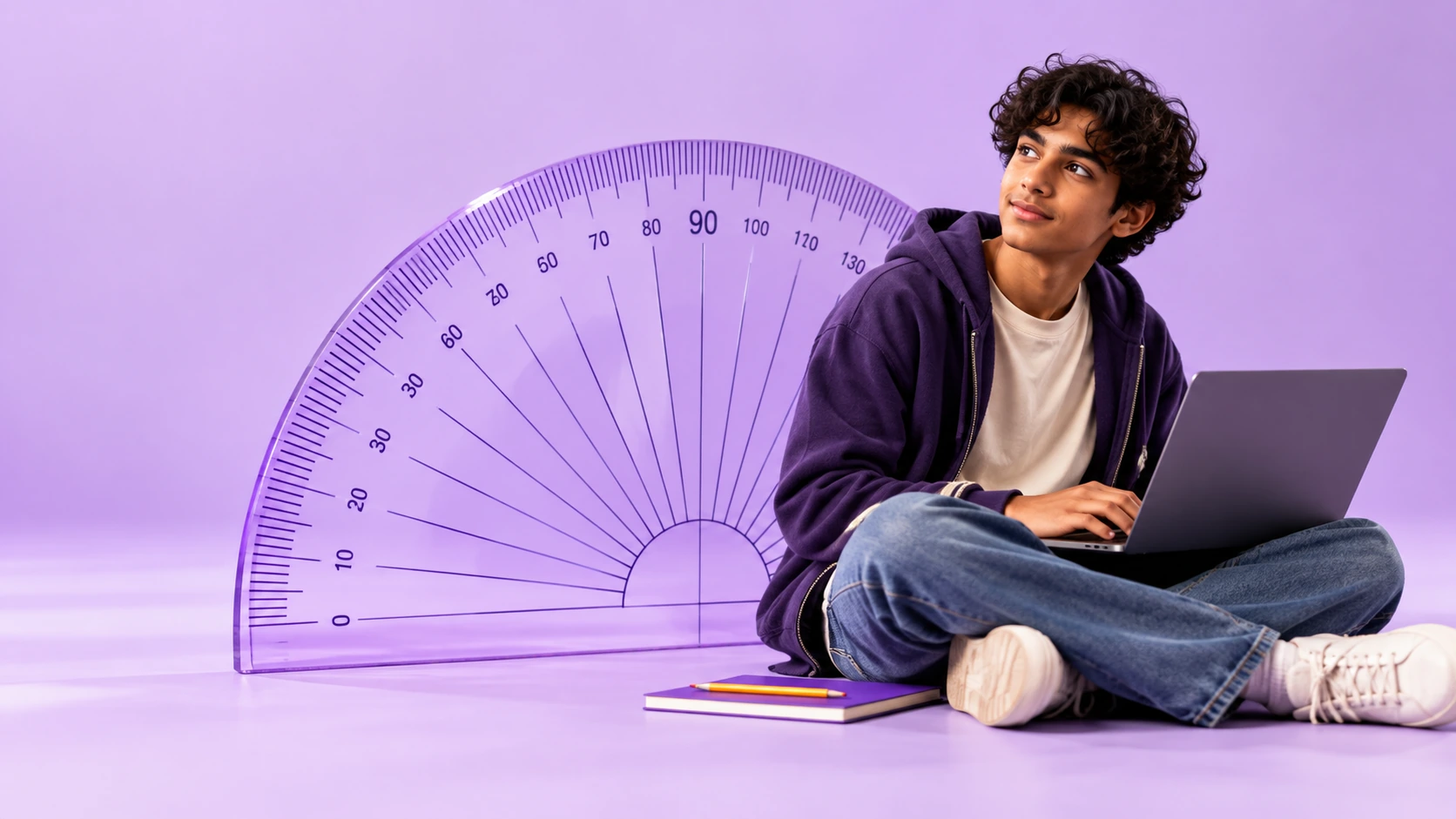 Learner using a laptop beside an oversized transparent protractor