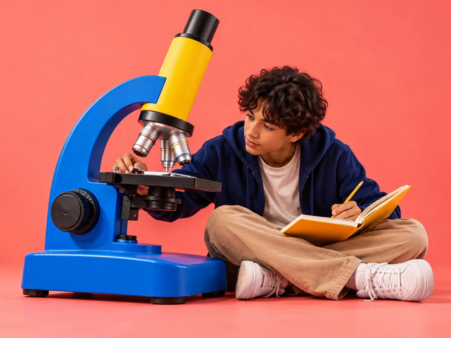 Learner adjusting an oversized microscope while taking notes