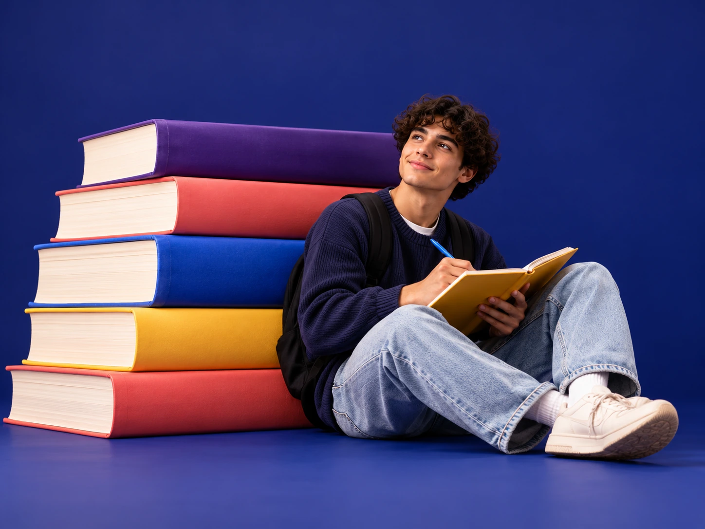 Senior learner with a notebook beside a stack of oversized books