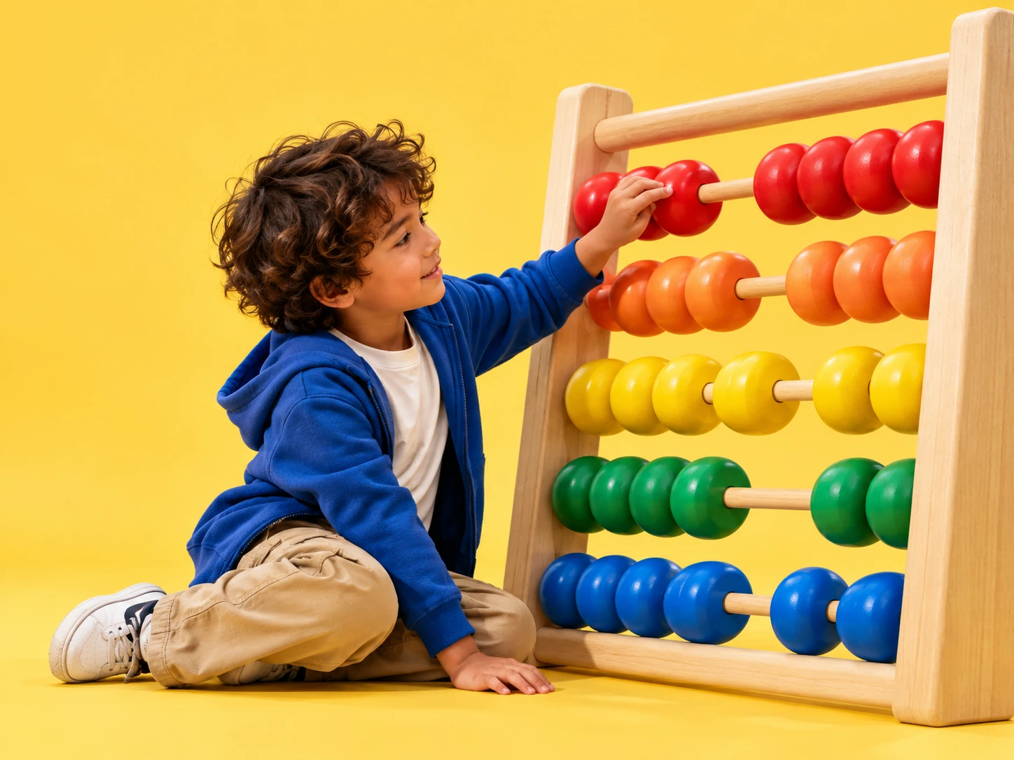 Young learner moving beads on an oversized colourful abacus