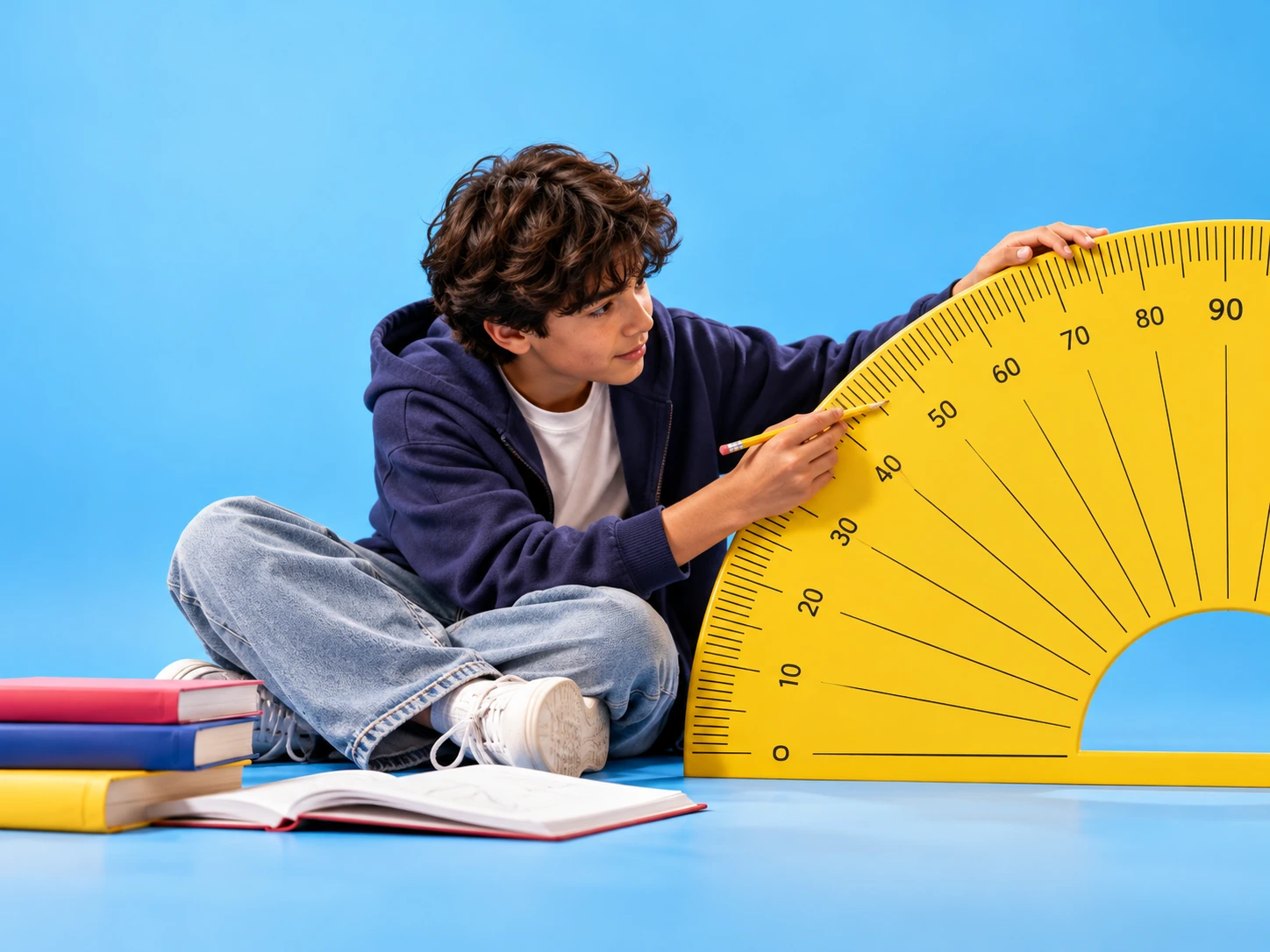 Learner examining an oversized yellow protractor